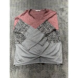 Misslook Women Colorblock Leopard Print Twist Knot V-Neck Top L 0627